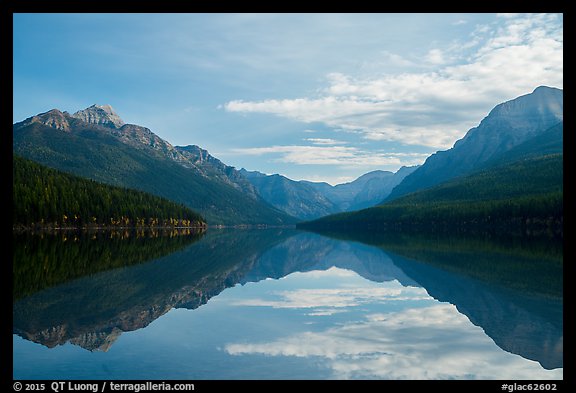 Mountains and clouds with reflections, Bowman Lake. Glacier National Park, Montana, USA.