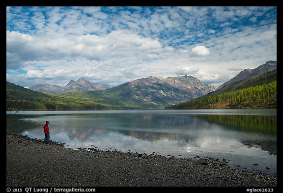 Visitor looking, Kintla Lake. Glacier National Park (color)