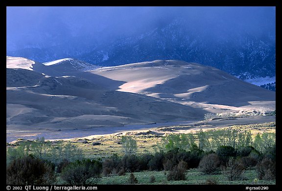 Storm light illuminates portions of the dune field. Great Sand Dunes National Park and Preserve, Colorado, USA.