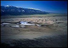 Sand dunes with patches of snow seen from above. Great Sand Dunes National Park and Preserve, Colorado, USA.
