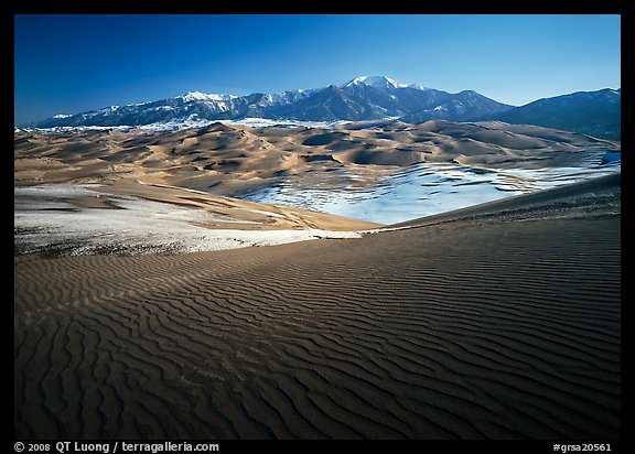 Rippled dunes and Sangre de Christo mountains in winter. Great Sand Dunes National Park, Colorado, USA.