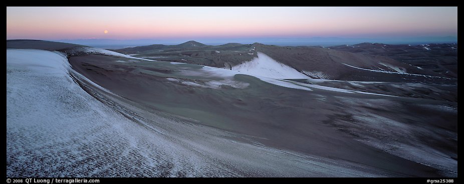 Dune field in winter at dawn. Great Sand Dunes National Park and Preserve, Colorado, USA.