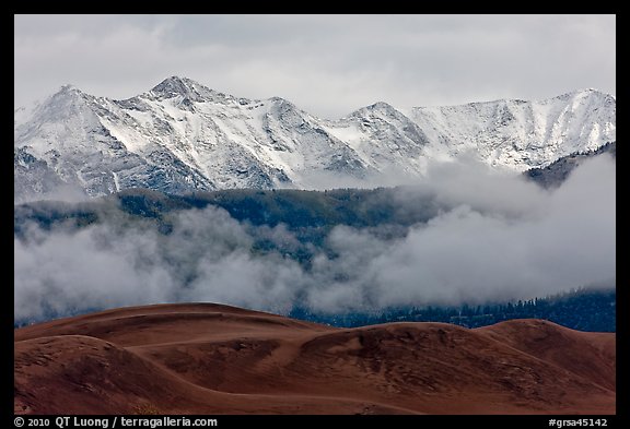 Snowy Sangre de Cristo Mountains and clouds above dune field. Great Sand Dunes National Park, Colorado, USA.