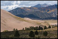 Sangre de Cristo range with bright patches of aspen above dunes. Great Sand Dunes National Park and Preserve, Colorado, USA.