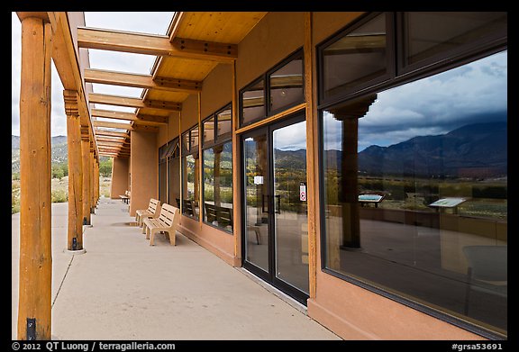 Visitor center and reflections in large windows. Great Sand Dunes National Park and Preserve, Colorado, USA.
