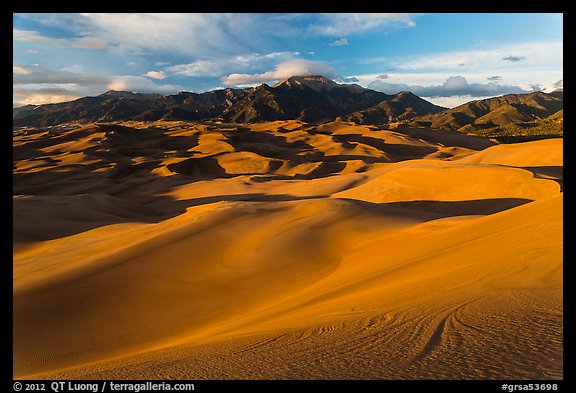 Dune field and Sangre de Cristo mountains at sunset. Great Sand Dunes National Park and Preserve, Colorado, USA.
