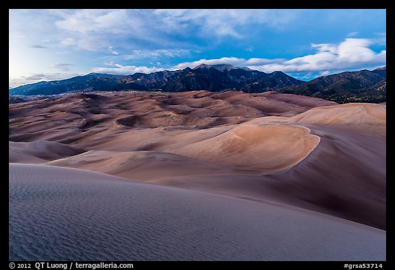 Dunes and Sangre de Cristo mountains at dusk. Great Sand Dunes National Park and Preserve, Colorado, USA.