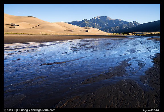 Medano Creek, dunefield, and mountains in autumn. Great Sand Dunes National Park and Preserve (color)