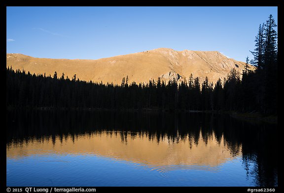 Mountain reflection and line of trees, Sand Creek Lake. Great Sand Dunes National Park and Preserve (color)