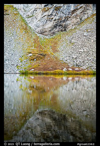 Talus and reflection, Lower Sand Creek Lake. Great Sand Dunes National Park and Preserve, Colorado, USA.