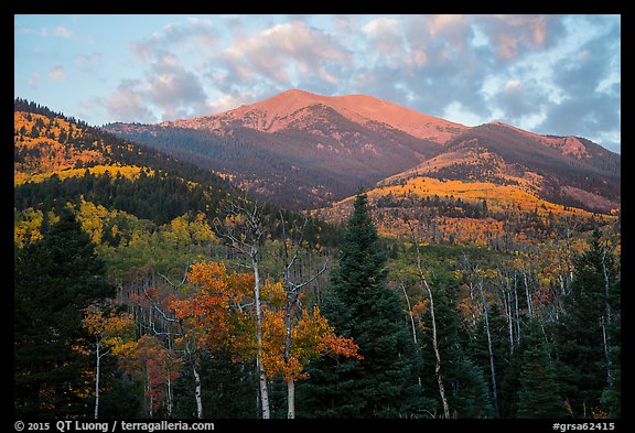 Mount Herard and autumn foliage at sunrise from Medano Pass. Great Sand Dunes National Park and Preserve, Colorado, USA.
