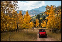 Jeep on Medano primitive road near Medano Pass in autumn. Great Sand Dunes National Park and Preserve ( color)