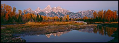 Jagged mountains and autumn colors reflected at sunrise. Grand Teton National Park (Panoramic color)