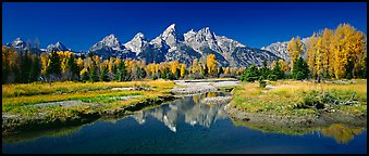 Mountains and fall colors reflected in pond, Schwabacher Landing. Grand Teton National Park (Panoramic color)