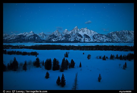 Teton range at night in winter. Grand Teton National Park, Wyoming, USA.