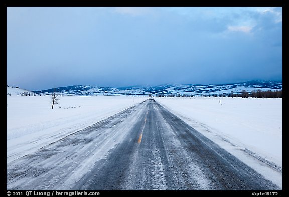 Road in winter at dusk, Gross Ventre valley. Grand Teton National Park (color)