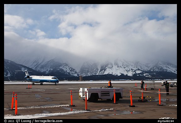 Jackson Hole Airport and cloud-capped Teton Range. Grand Teton National Park (color)