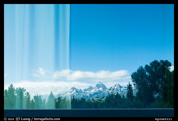 Teton Range, Craig Thomas Discovery and Visitor Center window reflexion. Grand Teton National Park (color)