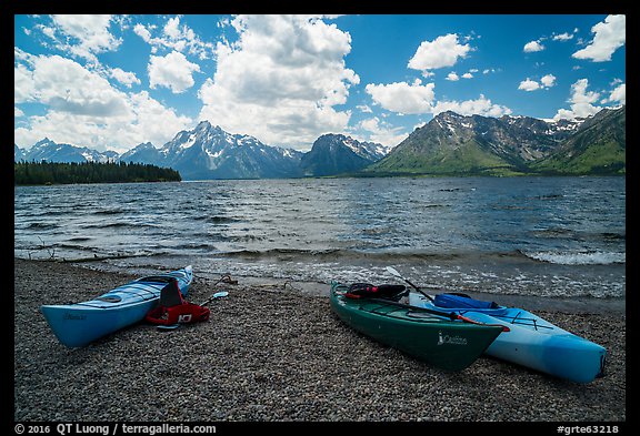 Kayaks on shores of Jackson Lake. Grand Teton National Park, Wyoming, USA.