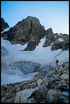 Mountaineer stands below Middle Teton and glacier. Grand Teton National Park ( color)