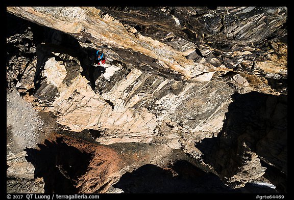 Looking down rock wall with climbers on Grand Teton. Grand Teton National Park (color)