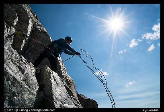 Climber throwing down ropes in preparation for rappel on Grand Teton. Grand Teton National Park (color)