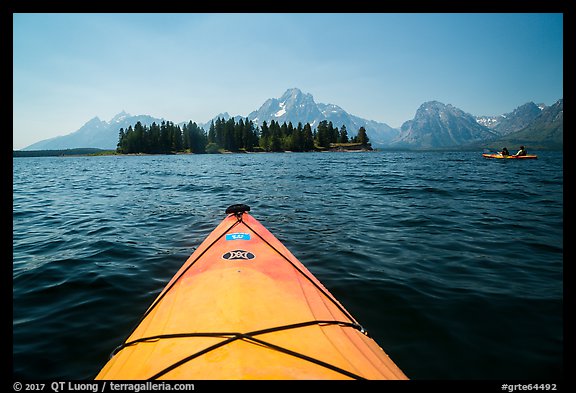 Kayak pointing at island in Colter Bay. Grand Teton National Park (color)