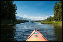 Kayak pointing at narrow channel, Colter Bay. Grand Teton National Park ( color)