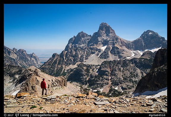 Visitor looking, Tetons from near Table Mountain. Grand Teton National Park, Wyoming, USA.