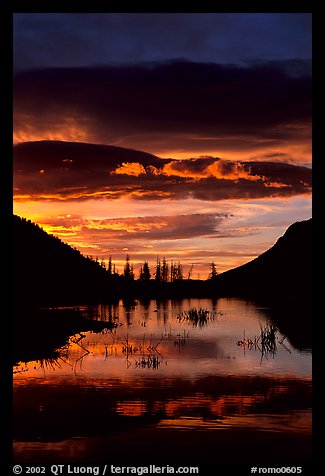 Sunrise with colorful clouds reflected on a pond in Horseshoe park. Rocky Mountain National Park, Colorado, USA.