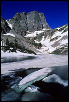 Ice break-up in Emerald Lake and Hallet Peak, early summer. Rocky Mountain National Park, Colorado, USA. (color)