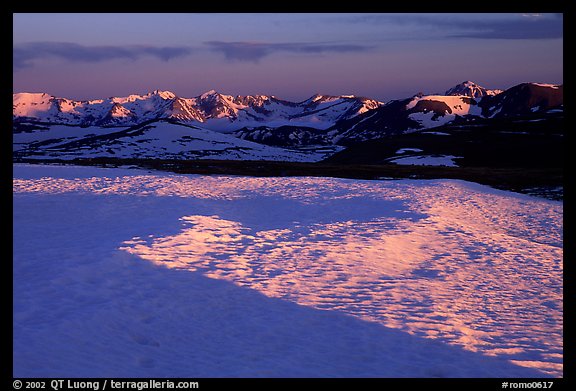Neve and Never Summer range in early summer at sunset. Rocky Mountain National Park, Colorado, USA.