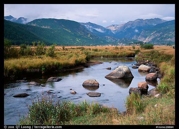 Creek, boulders, and meadow surrounded by mountains, autumn. Rocky Mountain National Park (color)