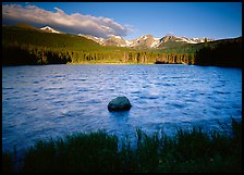 Rippled water in Sprague Lake, and snowy mountain range. Rocky Mountain National Park, Colorado, USA.