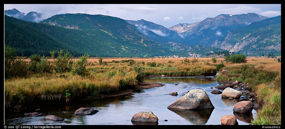 Stream and meadows in autumn. Rocky Mountain National Park, Colorado, USA.