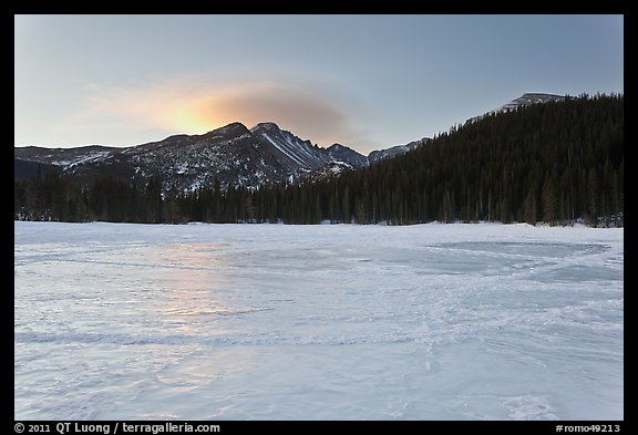 Frozen Bear Lake at sunrise. Rocky Mountain National Park, Colorado, USA.