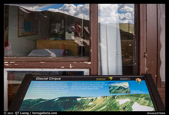 Interpretive sign and Alpine Visitor Center window reflexion. Rocky Mountain National Park, Colorado, USA.