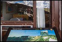 Interpretative sign and Alpine Visitor Center window reflexion. Rocky Mountain National Park, Colorado, USA. (color)