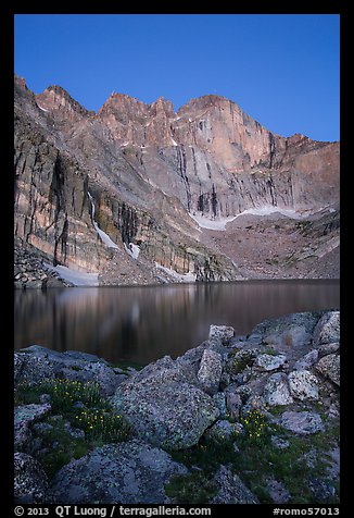 Longs Peak Diamond face and Chasm Lake at dawn. Rocky Mountain National Park, Colorado, USA.