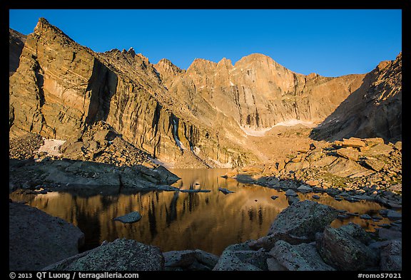 Chasm Lake with Longs Peak, Mt Meeker, and Mount Lady Washington at sunrise. Rocky Mountain National Park (color)