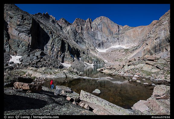 Park visitor Looking, Chasm Lake and Longs Peak. Rocky Mountain National Park, Colorado, USA.