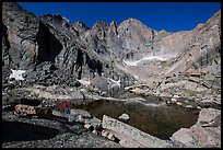 Park visitor Looking, Chasm Lake and Longs Peak. Rocky Mountain National Park, Colorado, USA. (color)