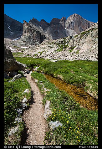 Trail, stream, and Longs Peak. Rocky Mountain National Park, Colorado, USA.