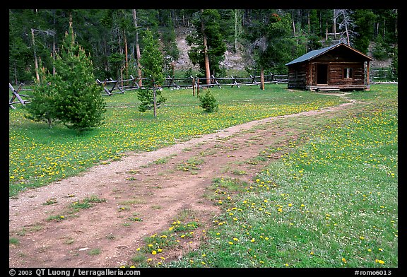 Path and historic cabin at Never Summer Ranch. Rocky Mountain National Park, Colorado, USA.
