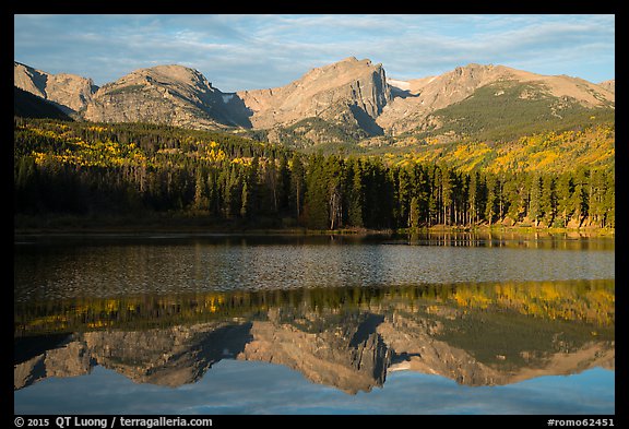 Otis Peak, Hallet Peak, and Flattop Mountain reflected in Sprague Lake. Rocky Mountain National Park (color)