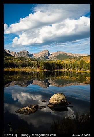 Clouds, boulders, Continental Divide, and Sprague Lake. Rocky Mountain National Park, Colorado, USA.