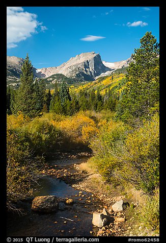 Creek and Hallet Peak in autumn. Rocky Mountain National Park, Colorado, USA.