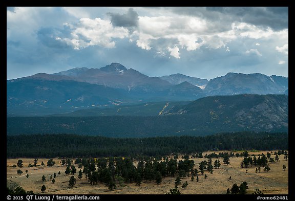 Beaver Meadow and Continental Divide with storm clouds. Rocky Mountain National Park, Colorado, USA.