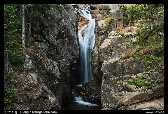 Chasm Falls flowing in narrow gorge. Rocky Mountain National Park, Colorado, USA.