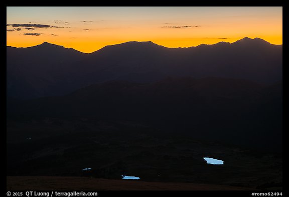 Alpine lakes reflecting the sky below mountain ridges at sunset. Rocky Mountain National Park (color)